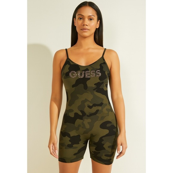 Guess‎ Camo Romper Jumpsuit Bodysuit Rhinestone Logo Sleeveless Green Womens XL - Picture 1 of 11